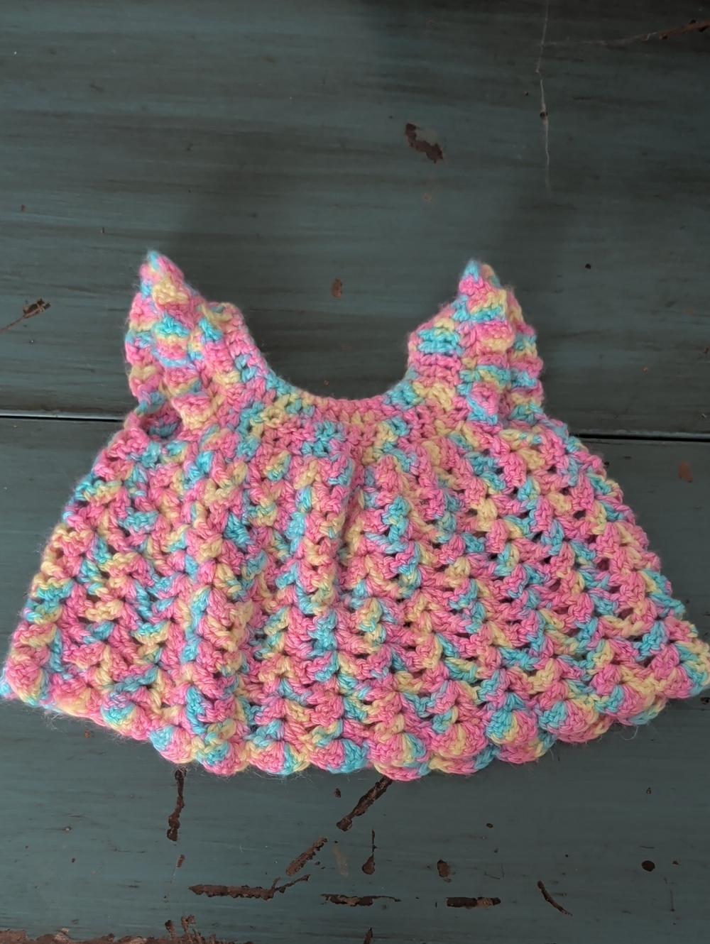 Handmade Crochet Baby Dress Newborn Pastel Pink, Blue & Yellow Variagated